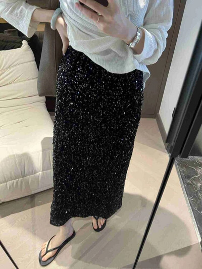 Moteriški sijonai rudeniniu aukštu juosmeniu Vidutinio dydžio blizgučiai Elegantiški korėjietiški nugaros išpjova A formos laisvi laisvalaikio, paprasti, tinkantys Faldas Largas