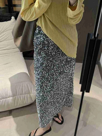 Moteriški sijonai rudeniniu aukštu juosmeniu Vidutinio dydžio blizgučiai Elegantiški korėjietiški nugaros išpjova A formos laisvi laisvalaikio, paprasti, tinkantys Faldas Largas