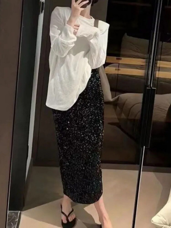 Moteriški sijonai rudeniniu aukštu juosmeniu Vidutinio dydžio blizgučiai Elegantiški korėjietiški nugaros išpjova A formos laisvi laisvalaikio, paprasti, tinkantys Faldas Largas