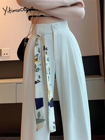 Yitimuceng Λευκά Κοστούμια Παντελόνια Γυναικεία 2023 Νέο Φαρδύ πόδι ψηλόμεσο κορεάτικο ίσιο παντελόνι με ζώνη Κομψό καθημερινό παντελόνι