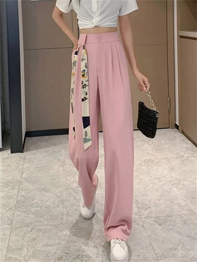 Yitimuceng balti kostiumai, moteriškos kelnės, 2023 m. Naujos plačios kojos aukštu juosmeniu korėjietiškos mados tiesios kelnės su diržu Elegantiškos laisvalaikio kelnės