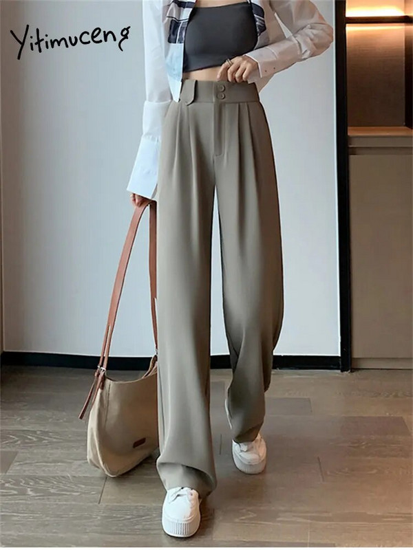 Yitimuceng balti kostiumai, moteriškos kelnės, 2023 m. Naujos plačios kojos aukštu juosmeniu korėjietiškos mados tiesios kelnės su diržu Elegantiškos laisvalaikio kelnės