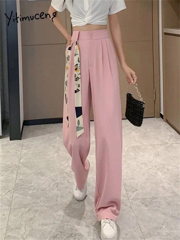 Yitimuceng balti kostiumai, moteriškos kelnės, 2023 m. Naujos plačios kojos aukštu juosmeniu korėjietiškos mados tiesios kelnės su diržu Elegantiškos laisvalaikio kelnės