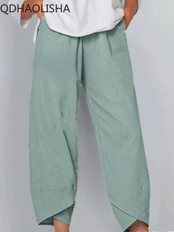 Maišytos kelnės Moteriškos korėjietiškos mados elastinės juosmens medvilnės laisvos laisvalaikio kulkšnies kelnės Gatvės drabužiai aukštu juosmeniu vasarinės moteriškos kelnės