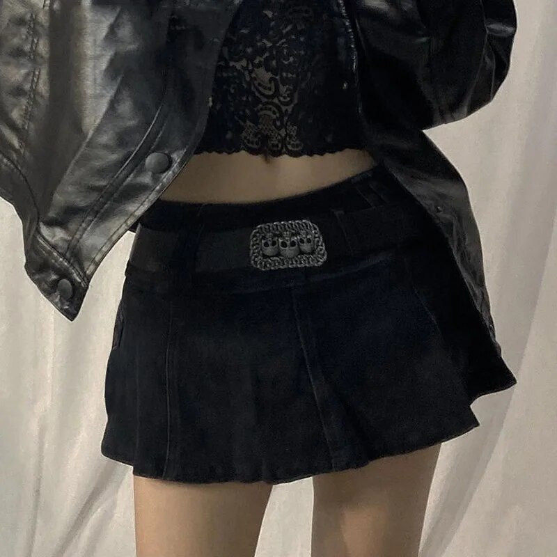 2000. aasta pastelne gooti madala vöökohaga must mikroseelikud Y2K tänavarõivad taskud lapikujuline A-kujuline seelik E-tüdruku esteetika komplektid tõmblukk