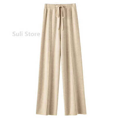 Naiste villased laia säärega püksid, sügis/talv kõrge vöökoht, rippuvad salendavad vabaaja vabad sirged kootud mopipüksid välimine kulumine