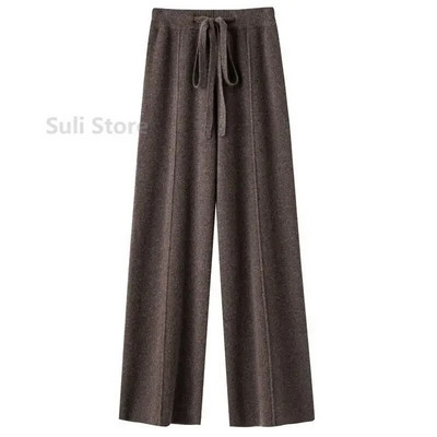 Naiste villased laia säärega püksid, sügis/talv kõrge vöökoht, rippuvad salendavad vabaaja vabad sirged kootud mopipüksid välimine kulumine