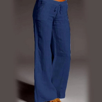 Летни дамски панталони за 2022 г. Реколта Едноцветни панталони от памучен лен с еластична талия Ежедневни дамски свободни панталони с широки крачоли