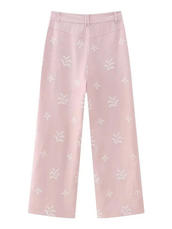 2023 Летни памучни ленени панталони с бродерия за жени Y2K Розови ежедневни свободни широки дълги панталони Женски дишащ прав панталон
