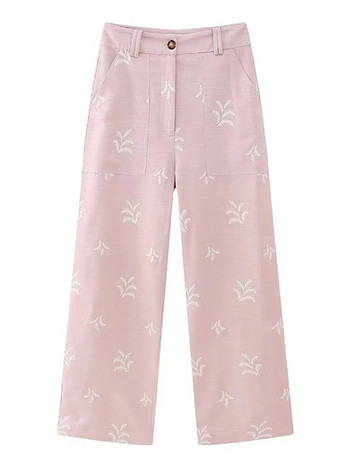 2023 Летни памучни ленени панталони с бродерия за жени Y2K Розови ежедневни свободни широки дълги панталони Женски дишащ прав панталон