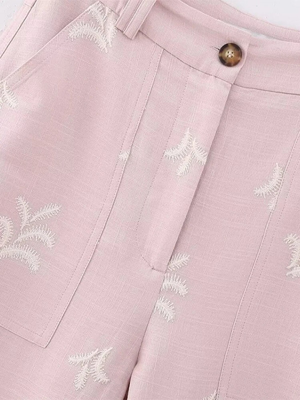 2023 m. vasaros siuvinėjimo medvilninės lininės kelnės moterims Y2K rožinės laisvalaikio laisvos plačios ilgos kelnės moteriškos, kvėpuojančios tiesios kelnės