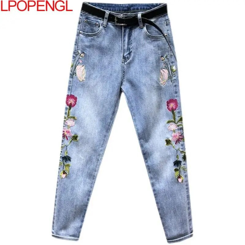 Moteriški džinsai 2023 m. Naujos vintažinės gėlių siuvinėjimo kelnės iki kulkšnių Džinsiniai džinsai Laisvalaikio haremo kelnės