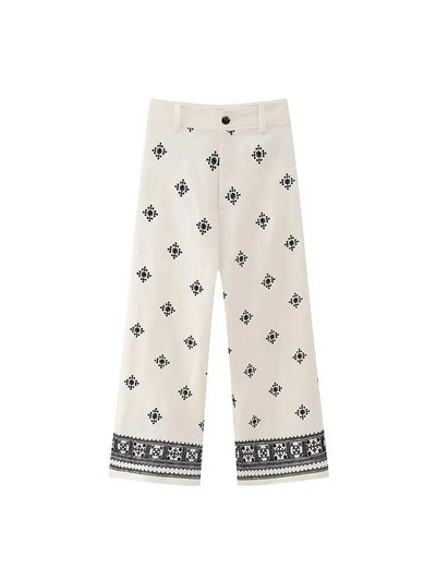 Nlzgmsj TRAF Moteriški vintažiniai kratiniai siuvinėjimai Laisvalaikio lino plačios kelnės Prašmatnios kelnės aukštu juosmeniu su užtrauktuku iki kulkšnies