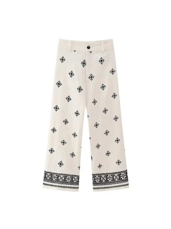 Nlzgmsj TRAF Moteriški vintažiniai kratiniai siuvinėjimai Laisvalaikio lino plačios kelnės Prašmatnios kelnės aukštu juosmeniu su užtrauktuku iki kulkšnies