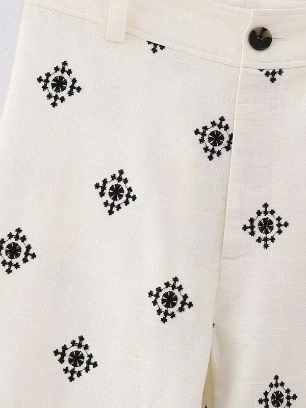 Nlzgmsj TRAF Moteriški vintažiniai kratiniai siuvinėjimai Laisvalaikio lino plačios kelnės Prašmatnios kelnės aukštu juosmeniu su užtrauktuku iki kulkšnies