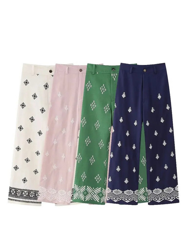 Nlzgmsj TRAF Moteriški vintažiniai kratiniai siuvinėjimai Laisvalaikio lino plačios kelnės Prašmatnios kelnės aukštu juosmeniu su užtrauktuku iki kulkšnies