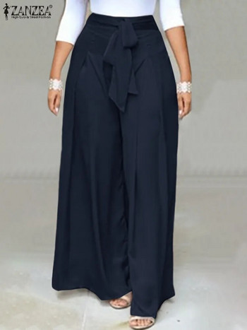 Елегантни плътни работни панталони с висока талия ZANZEA Модни летни дамски свободни широки панталони Palazzo Голяма папийонка Дълъг панталон