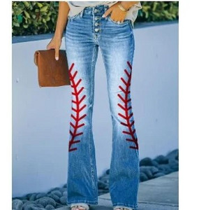 Naiste lillega trükitud kottis teksad, kõrge vöökohaga tänavarõivad, sirge laia säärega teksapüksid