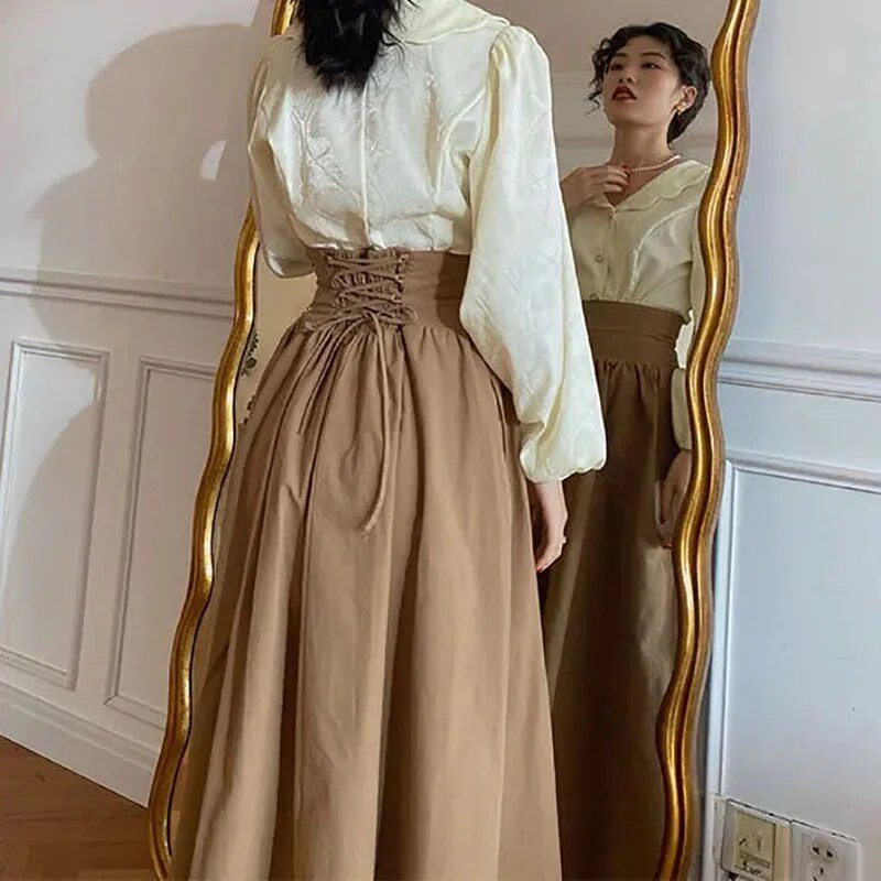 Line kõrge vöökohaga pingutusnöör vöökoha sissetõmbamisega kohev seelik Naiste vintage taskuga ühevärvilised pikad seelikud Elegantsed Harajuku seelikud