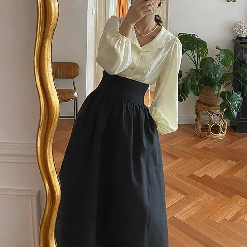 Line kõrge vöökohaga pingutusnöör vöökoha sissetõmbamisega kohev seelik Naiste vintage taskuga ühevärvilised pikad seelikud Elegantsed Harajuku seelikud