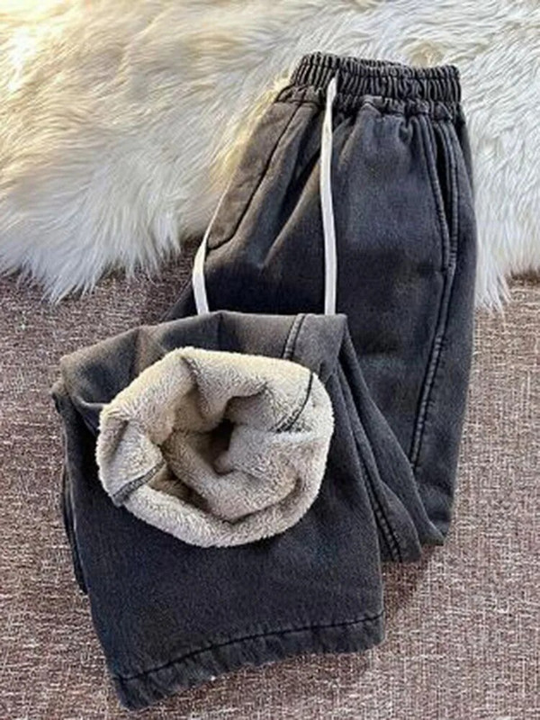 Oversize 95kg Sirged teksad Talvised plüüs voodriga paksud kottis kõrge vöökohaga teksapüksid soojad vabaaja Vaqueros naiste sinised püksid 2023