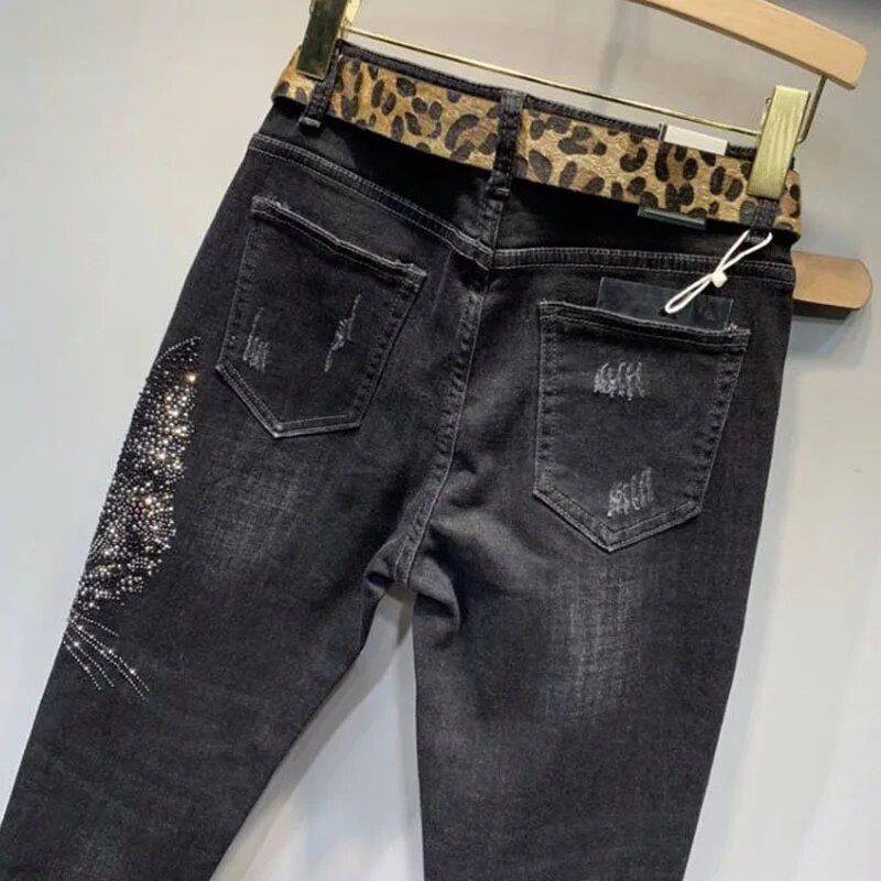 Pavasario rudens moteriškos vintažinės juodos laisvos deimantų spalvos džinsai aukštu liemeniu Gatvės drabužiai Džinsinės kelnės iki kulkšnių