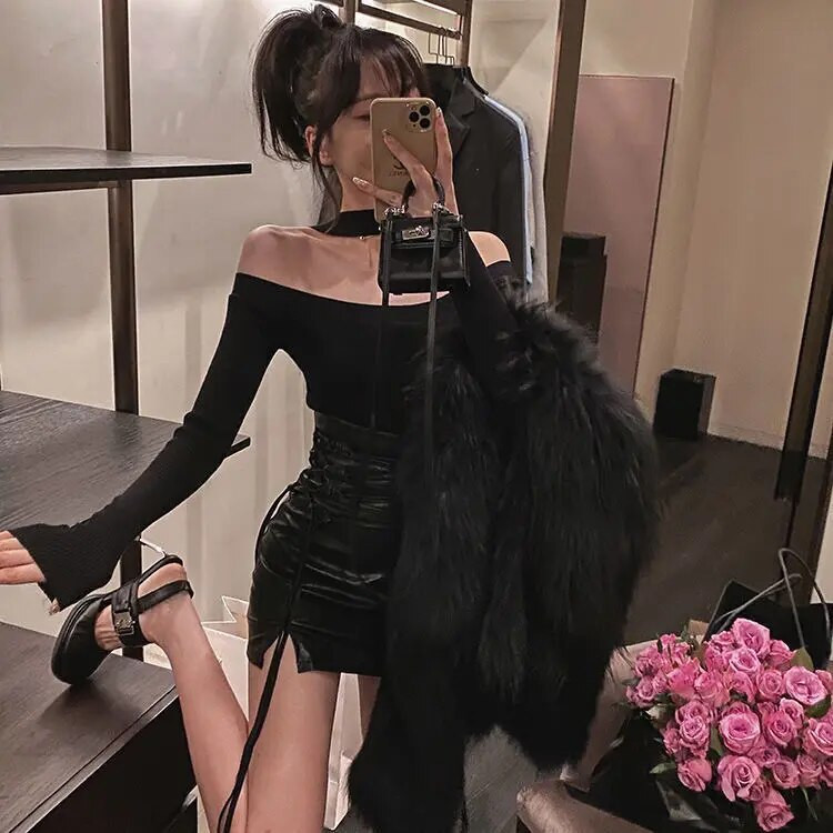 Modes sieviešu svārki pavasara rudens vienkrāsaini Sexy Clubwear Mini svārki ar augstu vidukli ar mežģīņu zīmuli krustveida svārki sievietēm