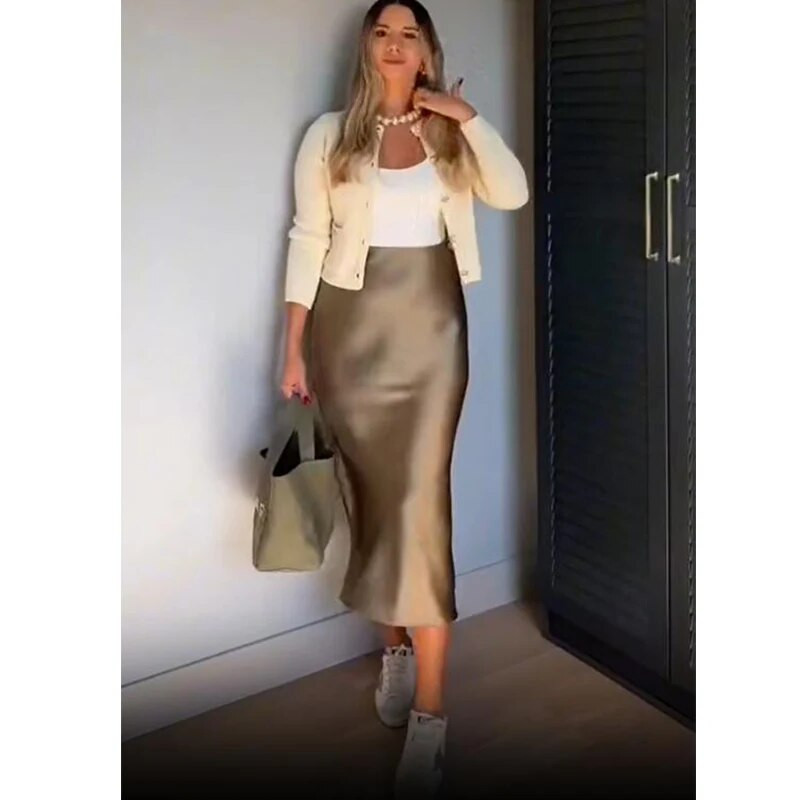 TRAF Satin Midi Sijonas Moteriški sijonai aukštu juosmeniu, ilgi sijonai moterims Nauja 2023 m. rudens laisvalaikio elegantiški vakarėlių moteriški sijonai