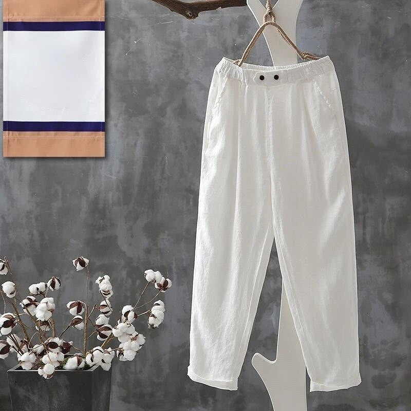 Laisvalaikio kelnės, moteriškos vasarinės medvilninės sagos elastinis juosmuo iki kulkšnies Basic Cool M-4XL Visoms tinka paprastos elegantiškos moteriškos kelnės