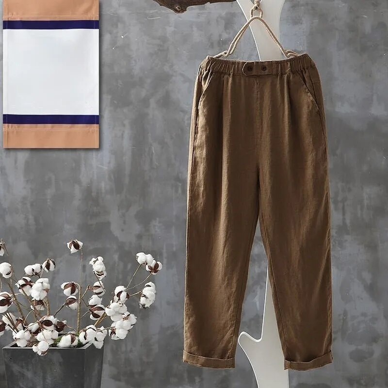 Laisvalaikio kelnės, moteriškos vasarinės medvilninės sagos elastinis juosmuo iki kulkšnies Basic Cool M-4XL Visoms tinka paprastos elegantiškos moteriškos kelnės