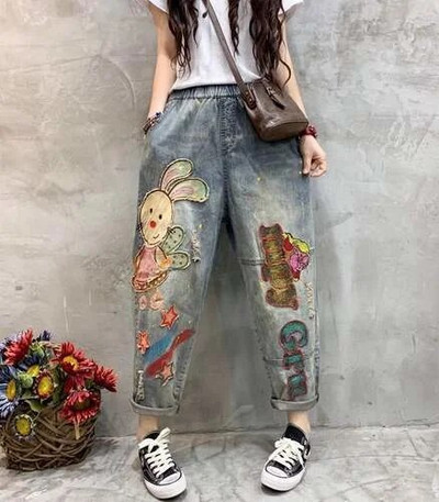 Tampriu juosmeniu, laisvos liekninančios haremo kelnės, moteriškos 2022 m. pavasario ir rudens triušio siuvinėjimas Vandeniu nuplautų skylučių tinkliniai džinsai moteriški