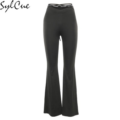 Sylcue suvine High Street Style Väikesed kõrge vöökohaga laienevad püksid Reied Isiksus Kas õõnsad ja seksikad Näidissääred Pikad püksid