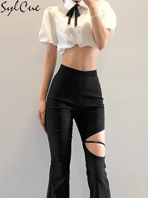 Sylcue suvine High Street Style Väikesed kõrge vöökohaga laienevad püksid Reied Isiksus Kas õõnsad ja seksikad Näidissääred Pikad püksid