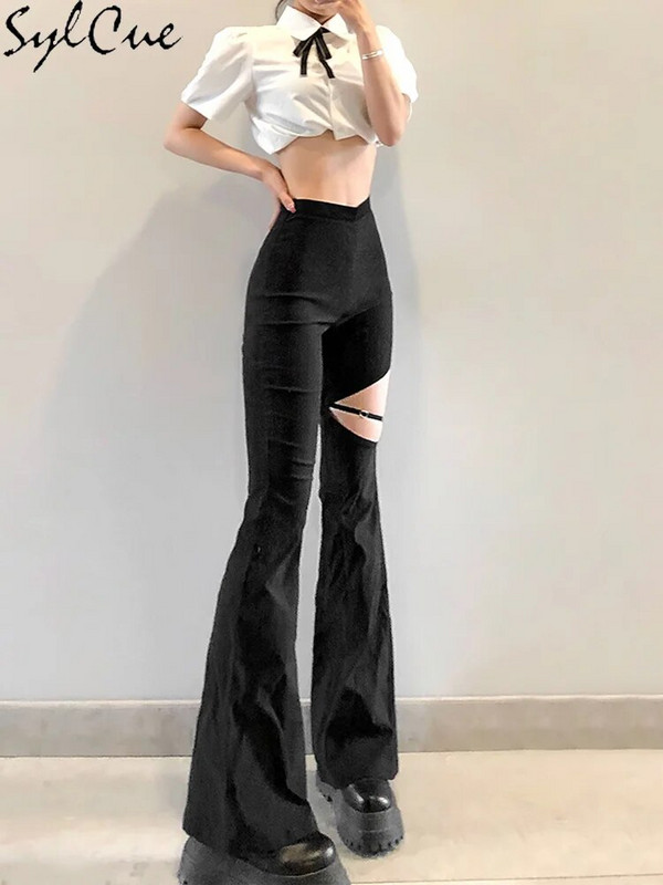 Sylcue suvine High Street Style Väikesed kõrge vöökohaga laienevad püksid Reied Isiksus Kas õõnsad ja seksikad Näidissääred Pikad püksid