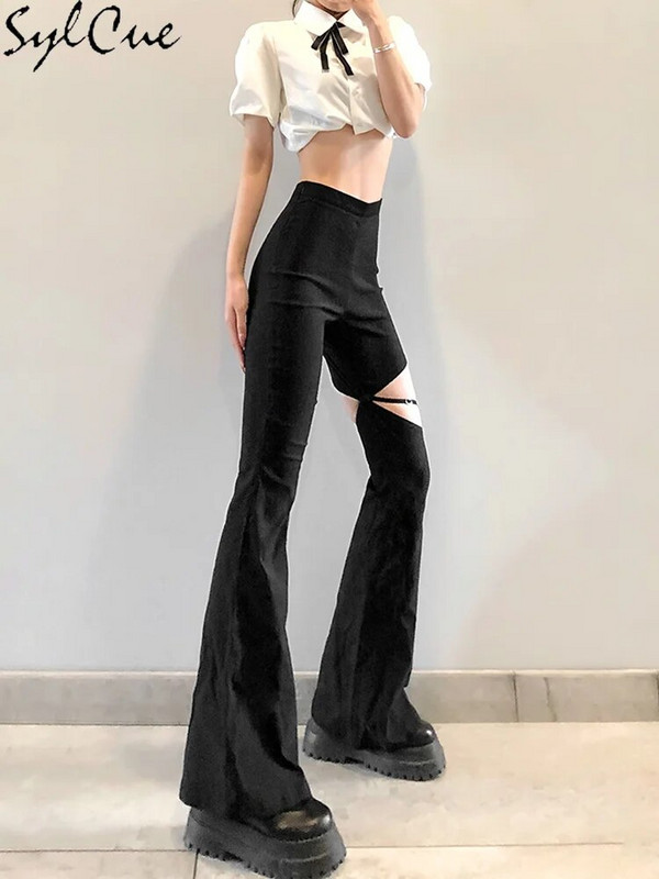 Sylcue suvine High Street Style Väikesed kõrge vöökohaga laienevad püksid Reied Isiksus Kas õõnsad ja seksikad Näidissääred Pikad püksid
