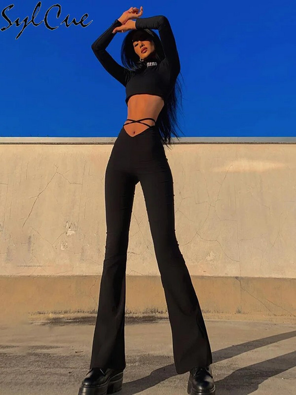 Sylcue suvine High Street Style Väikesed kõrge vöökohaga laienevad püksid Reied Isiksus Kas õõnsad ja seksikad Näidissääred Pikad püksid