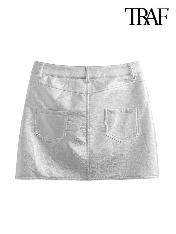 TRAF Moteriškos madingos priekinės kišenės dirbtinės odos sidabrinis mini sijonas Vintažinis aukštu juosmeniu, užtrauktuku, užtrauktuku, Moteriški sijonai Mujer