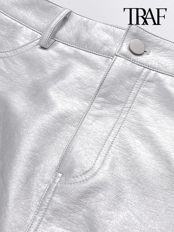 TRAF Moteriškos madingos priekinės kišenės dirbtinės odos sidabrinis mini sijonas Vintažinis aukštu juosmeniu, užtrauktuku, užtrauktuku, Moteriški sijonai Mujer