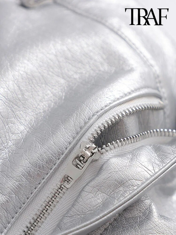 TRAF Moteriškos madingos priekinės kišenės dirbtinės odos sidabrinis mini sijonas Vintažinis aukštu juosmeniu, užtrauktuku, užtrauktuku, Moteriški sijonai Mujer