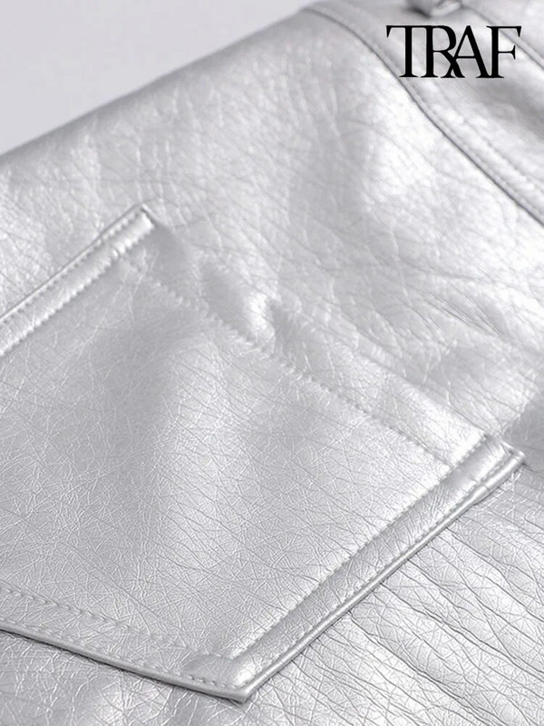 TRAF Moteriškos madingos priekinės kišenės dirbtinės odos sidabrinis mini sijonas Vintažinis aukštu juosmeniu, užtrauktuku, užtrauktuku, Moteriški sijonai Mujer