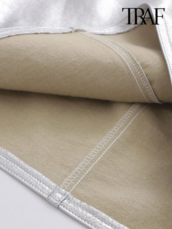 TRAF Moteriškos madingos priekinės kišenės dirbtinės odos sidabrinis mini sijonas Vintažinis aukštu juosmeniu, užtrauktuku, užtrauktuku, Moteriški sijonai Mujer