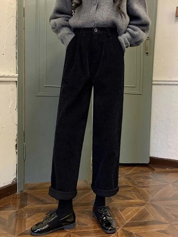 Jmprs Vintage κοτλέ παντελόνι Ψηλόμεσο Ανοιξιάτικο ίσιο παντελόνι Causal Τσέπες Όλα ταιριάζουν Γυναικείο μαύρο κορεάτικο παντελόνι