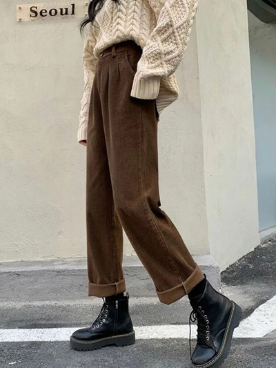 Pantaloni vintage din velur Jmprs Pantaloni drepti de primăvară cu talie înaltă Buzunare casual Toate se potrivesc cu pantaloni coreeani negri pentru femei