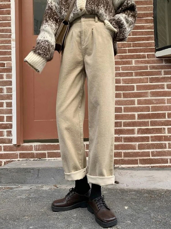 Jmprs vintažinės velvetinės kelnės aukštu juosmeniu spyruoklinės tiesios kelnės priežastinės kišenės Viskas atitinka moteriškos juodos korėjietiškos kelnės