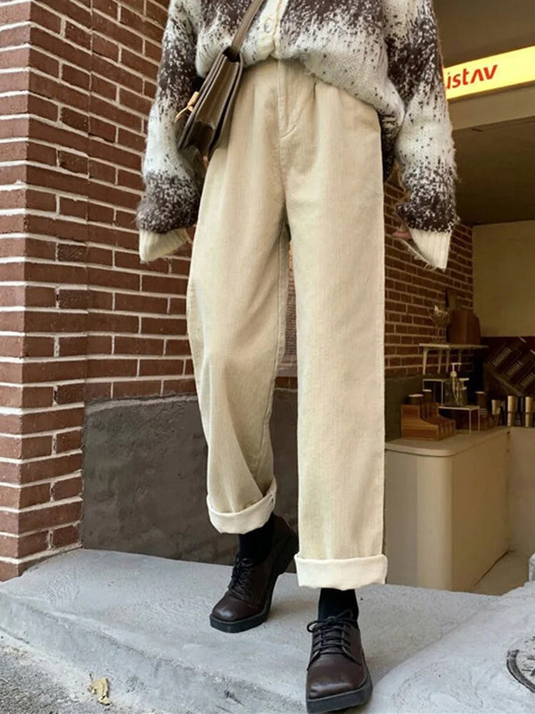 Jmprs vintažinės velvetinės kelnės aukštu juosmeniu spyruoklinės tiesios kelnės priežastinės kišenės Viskas atitinka moteriškos juodos korėjietiškos kelnės