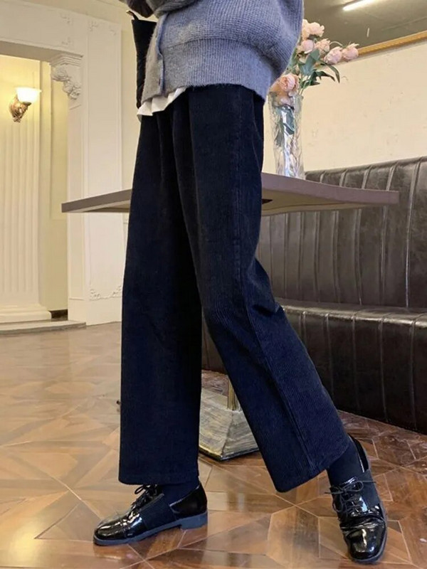 Jmprs vintažinės velvetinės kelnės aukštu juosmeniu spyruoklinės tiesios kelnės priežastinės kišenės Viskas atitinka moteriškos juodos korėjietiškos kelnės