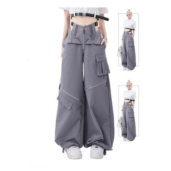 Сиви карго панталони дамски летни ежедневни оригинални ретро джобове с много ципове с два дизайна на шнур за носене ежедневни извънгабаритни дамски панталони