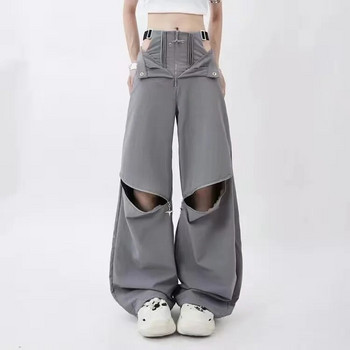 Сиви карго панталони дамски летни ежедневни оригинални ретро джобове с много ципове с два дизайна на шнур за носене ежедневни извънгабаритни дамски панталони