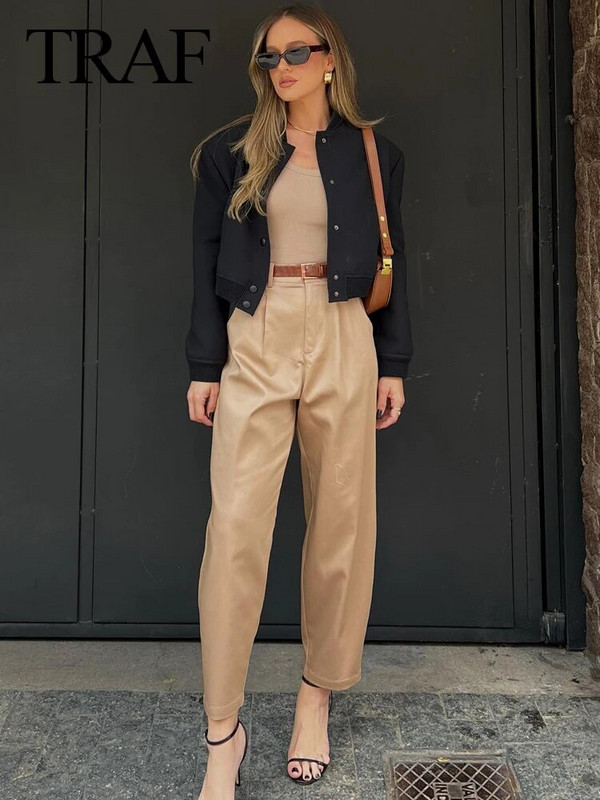 TRAF sügise naiste moodsad ühevärvilised vabaaja püksid vöö plisseeritud tõmblukuga Fly naiste kombineeritud pahkluu sirged püksid