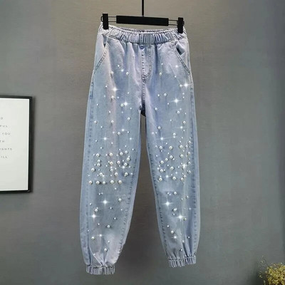 Elastsed kõrge vöökohaga pärlid Harem Jean Oversized 5xl Sinised Denimpüksid Tänavarõivad Y2k Capris Baggy Pantalones Casual Vaqueros 2023